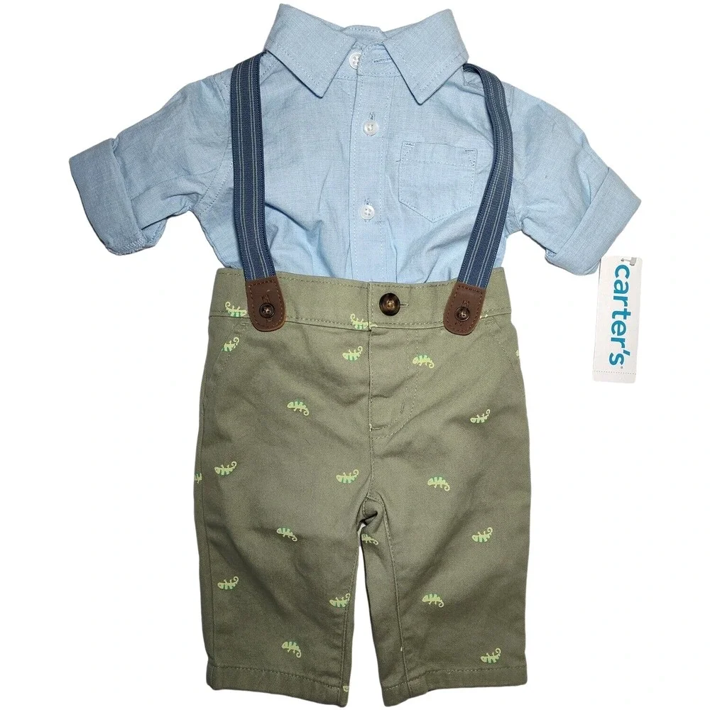 Carter's Baby Boy 2pc‎ Suspenders Outfit 3mos Dress Shirt Pants Set NWT